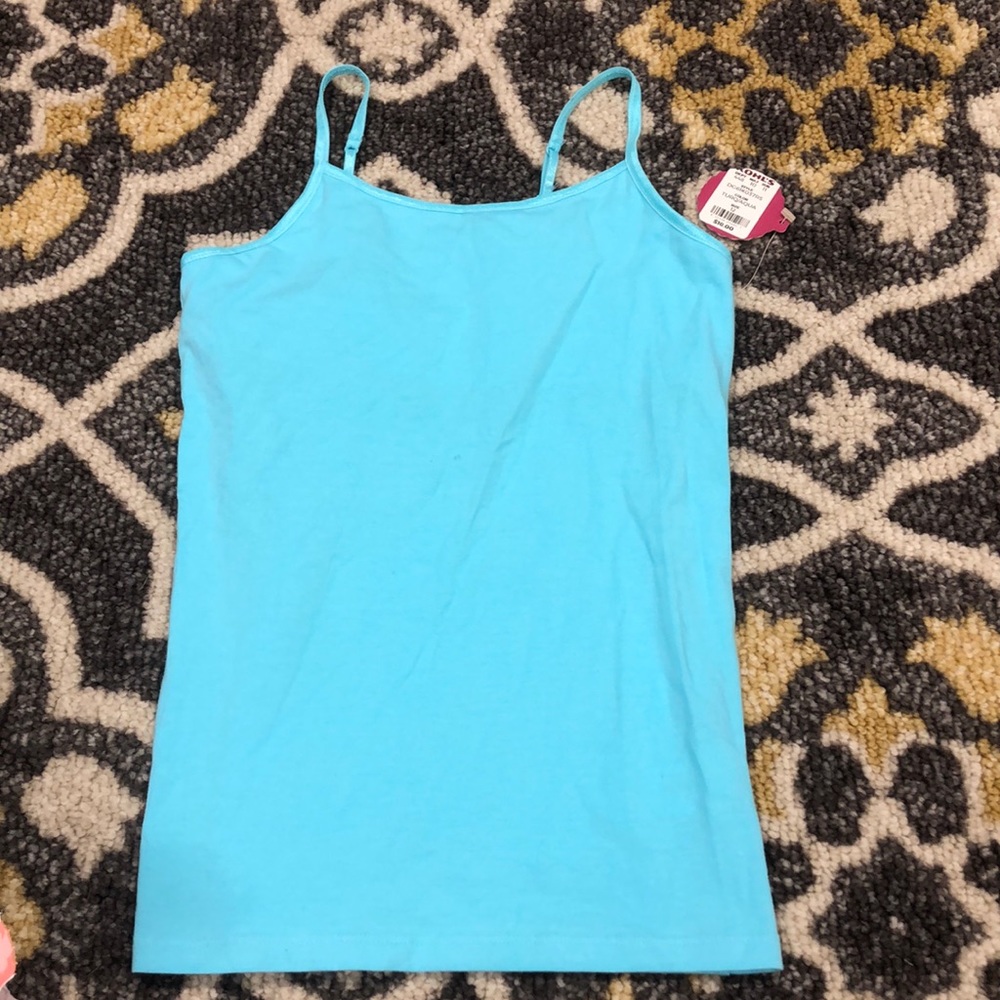 Blue tank top with bra underneath